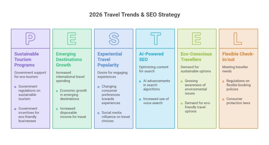 Illustration of 2026 travel trends shaping SEO strategies for travel companies